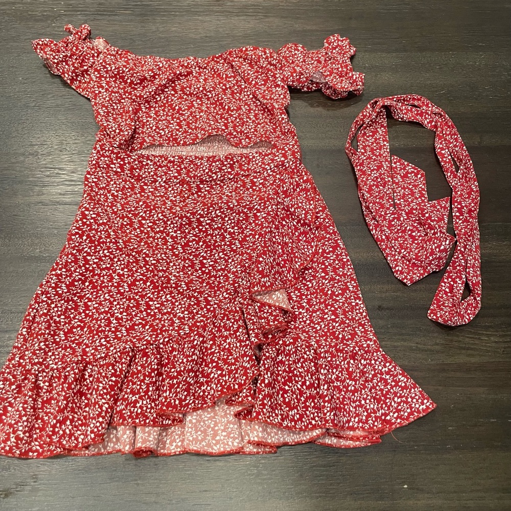 Red Floral Off-Shoulder Dress with Headband